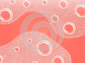 Living Coral Color Shampoo Soap Bubbles in Bath or Sud. Vector. Transparent Foam on Blue water background