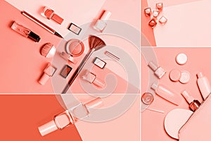 Living coral color of the year 2019 collage design: fashion beauty cosmetics set