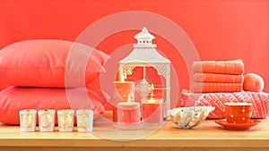 Living Coral 2019 Color of the Year homewares table setting. photo