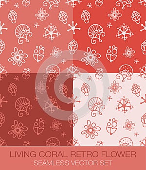 Living Coral Retro Flower Seamless Pattern Vector Set