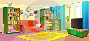 Living, cozy room with sunlit sun. Interior of the living room with sofa, TV and bookcase. Vector illustration.