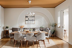 Living and dining room interior with grey, white and ginger design