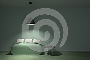 Living green room lamp above sofa and pillows 3D rendering