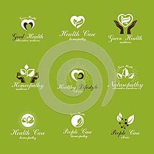 Living in harmony with nature metaphor, set of green health idea logos.