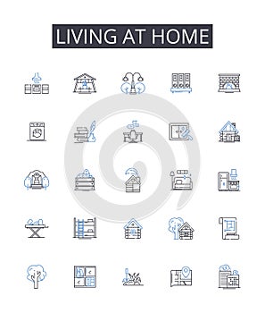 Living at home line icons collection. Staying put, Dwelling place, Residence status, Inhabiting family, Occupying house