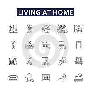 Living at home line vector icons and signs. Reside, Dwell, Abide, Coexist, Occupy, Inhabit, Stay, Survive outline vector