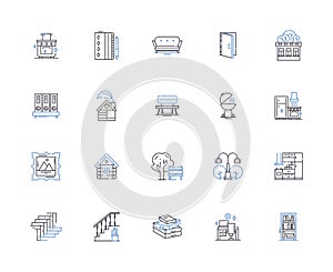 Living at home outline icons collection. Dwell, Reside, Abide, Occupy, Co-habit, Inn, Household vector and illustration