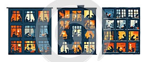 Living house open windows people cartoon vector collection. Men women read eat rest dark silhouettes houseplants multi