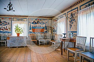 Living room of the 1800`s with painted wallpaper in Skansen, Stockholm,