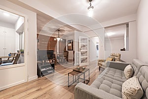 Living room with access to a closed terrace, gray fabric sofa