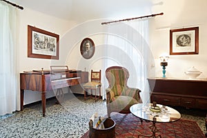 Living room with antiquities, old interior photo