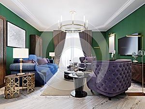 Living room in art deco style with green walls and purple upholstered furniture and cabinets with a TV unit