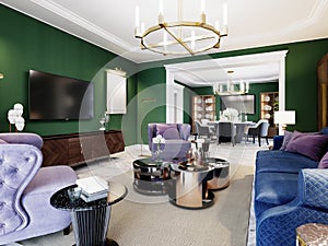 Living room in art deco style with green walls and purple upholstered furniture and cabinets with a TV unit