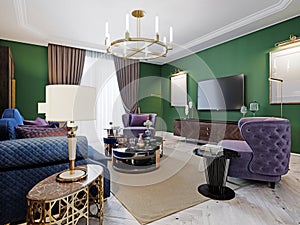 Living room in art deco style with green walls and purple upholstered furniture and cabinets with a TV unit