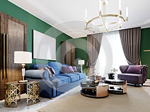 Living room in art deco style with green walls and purple upholstered furniture and cabinets with a TV unit