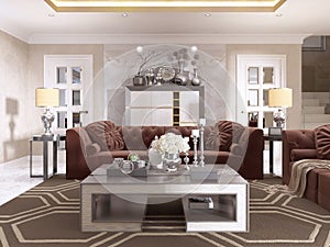 Living room in art Deco style with upholstered designer furniture.