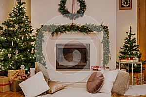 Living room with beautiful fireplace decorated for Christmas