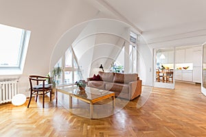 Living room, beautiful home interior with wooden floor, photo