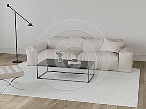 Living room in beige tones with leather sofa, metal table, po