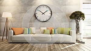 Living room with big watch on concrete wall 3d rendering