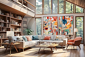 A living room big window,white sofa and library