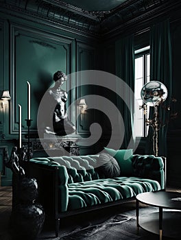 A living room with black walls and a green sofa in mysterious dramatic lighting. AI generated