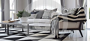 Living room with black and white checked pattern pillows