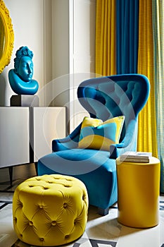Living room with blue chair and yellow ottoman in front of mirror. Generative AI