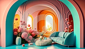 Living room with blue couch and pink flowers. Generative AI
