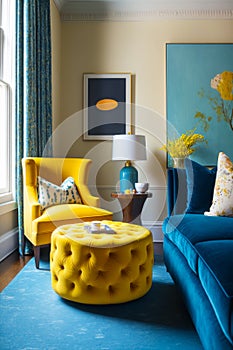 Living room with blue couch and yellow chair with blue ottoman. Generative AI