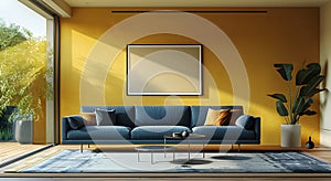 a living room with a blue couch and yellow walls