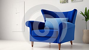 Living room with blue fabric armchair on empty white wall background.3d rendering