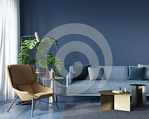 Living room with blue sofa and yellow  armchair