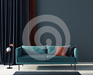 Living room in blue with terracotta pillow. 3d render