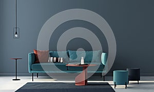 Living room in blue with terracotta tables. 3d render