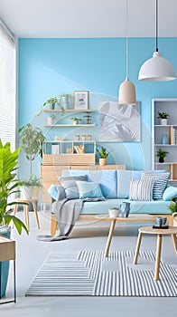 a living room with blue walls and furniture Industrial interior Workspace with Light Blue color