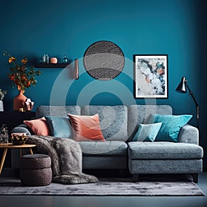 Living room with blue walls and a grey sofa