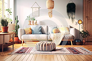 Living room with boho interior. Generative ai