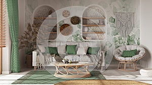 Living room in boho style with wallpaper and parquet. Sofa, jute carpet and rattan armchair in white and green tones. Bohemian