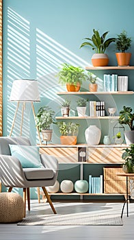 a living room with a book shelf filled with potted plants Industrial interior Workspace with Light