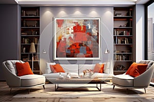 Living room with bright abstract painting on wall, sofa and table, minimalist home interior. Modern design of furniture, decor.