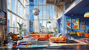 The living room is bright and colorful space with large orange couch blue chair and colorful rug.