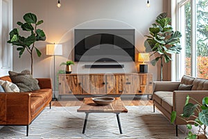 A living room with a brown couch and a brown coffee table