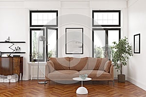 living room with brown sofa, white walls