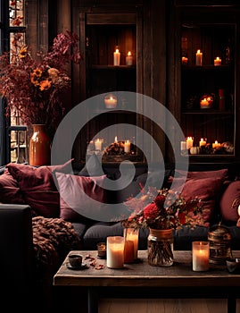 a living room with candles and flowers on a table