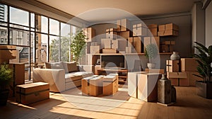 a living room with cardboard boxes filled with household items, highlighting the concept of a seamless move to a new