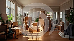 a living room with cardboard boxes filled with household items, highlighting the concept of a seamless move to a new