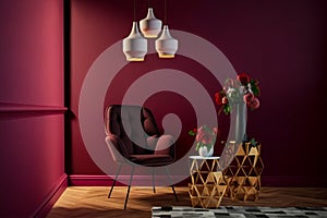 Living room with chair and side table, designer pendant lamp in front of burgundy wall, 3d rendering, 3d illustration, copy space