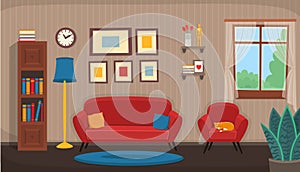 Living room with chair, sofa, window, bookshelf. Flat Ñozy interior in cartoon style