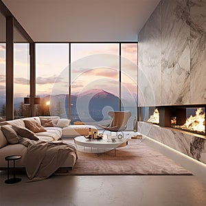 Living room with chimney and large windows, luxurious environment, modern style generated by AI